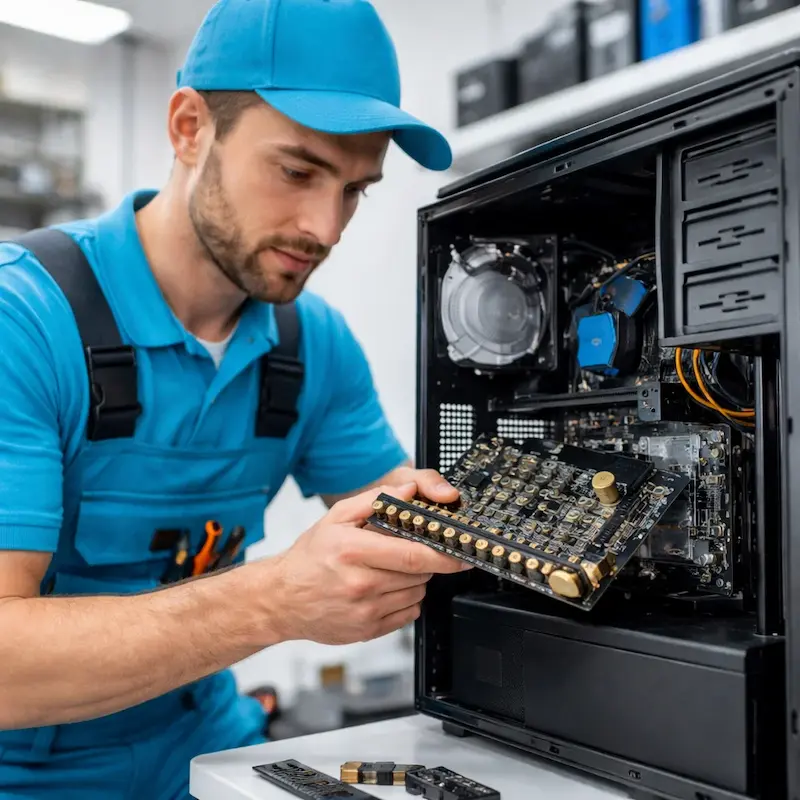 Мастер устанавливает звуковую карту на ПК в Щербинке